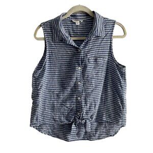 Beach Lunch Lounge Women M Blue/White Striped Linen Blend Sleeveless Tie Blouse